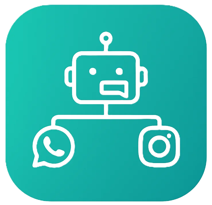 Ícone de chatbot conectado ao WhatsApp e Instagram, representando automação de atendimento com inteligência artificial.
