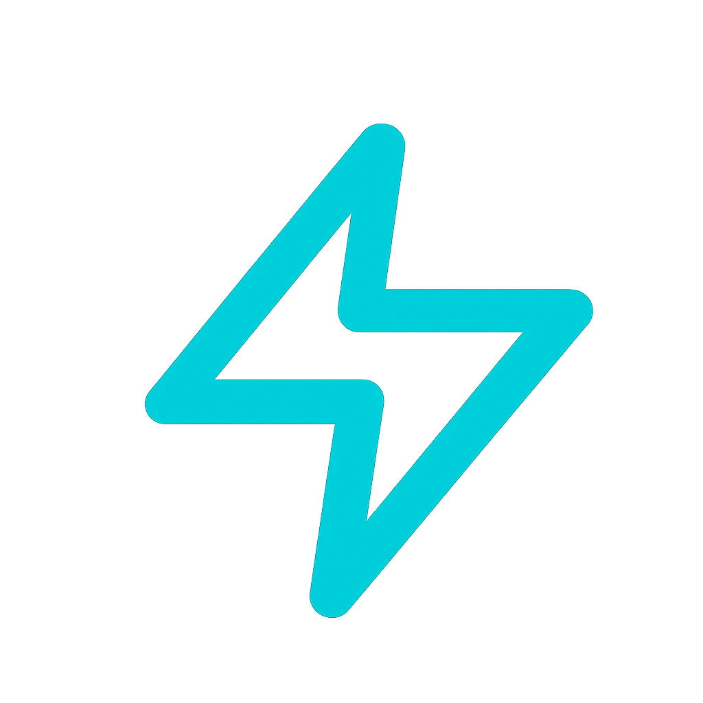 Ícone de raio azul simbolizando energia digital, inovação e agilidade em soluções online. Blue lightning icon symbolizing digital energy, innovation, and agility in online solutions.