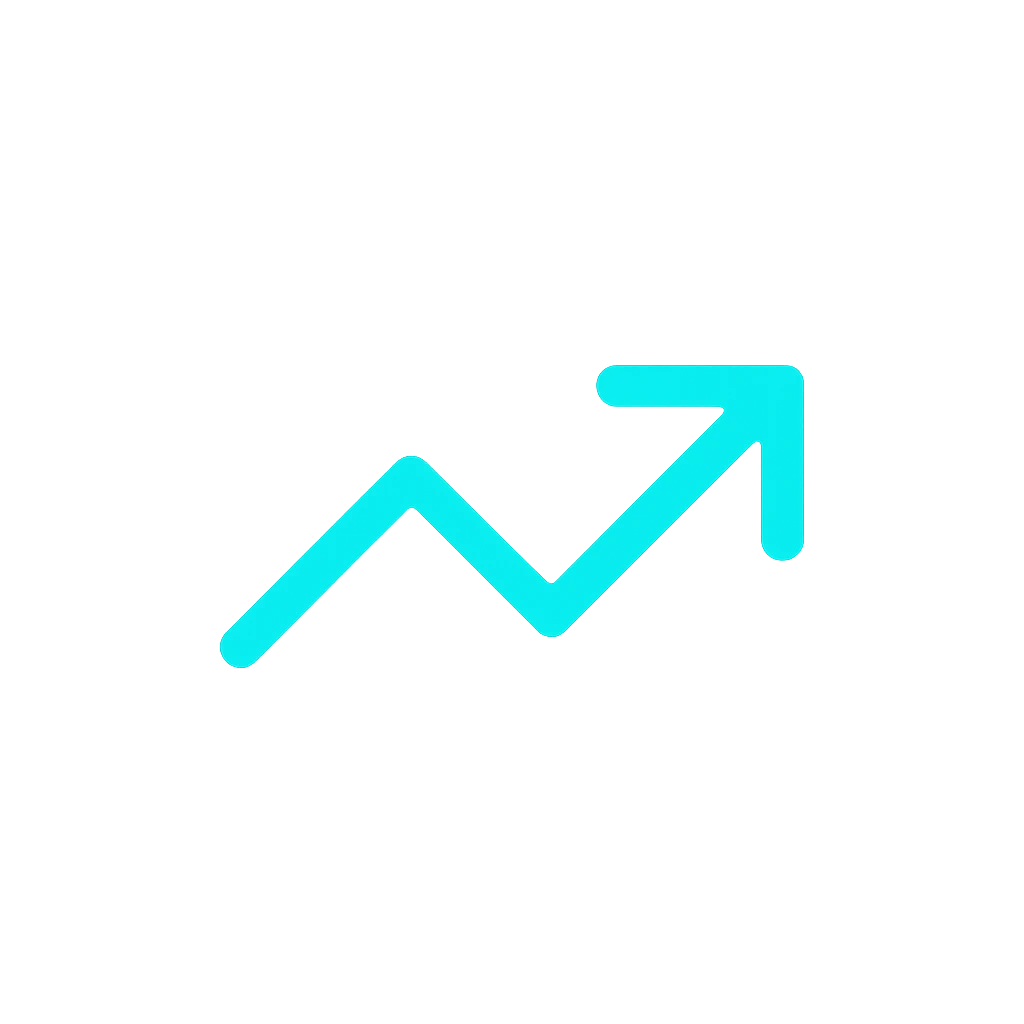 Ícone de gráfico ascendente representando crescimento contínuo e mais de 7 anos de experiência em soluções digitais. Arrow icon in ascending chart representing digital growth and online results evolution.