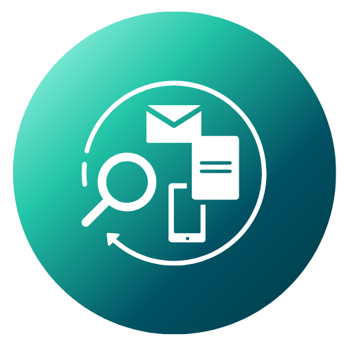 Ícone com lupa, smartphone, envelope e documento conectados por setas circulares, simbolizando acompanhamento contínuo, suporte à mudança cultural e treinamentos práticos para equipes. Circular icon with magnifying glass, smartphone, and email symbolizing digital tracking, metrics monitoring, and strategic communication.