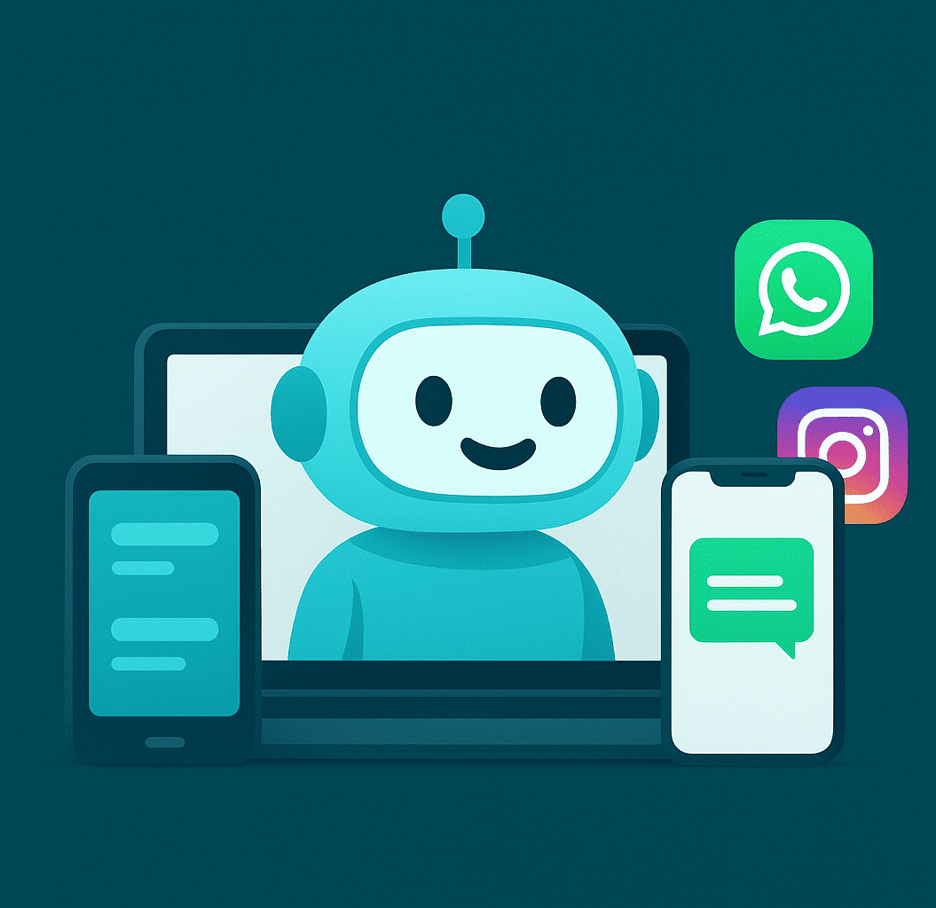 Chatbot sorridente em tela de desktop e celulares mostrando integrações com WhatsApp, Instagram e atendimento omnichannel.