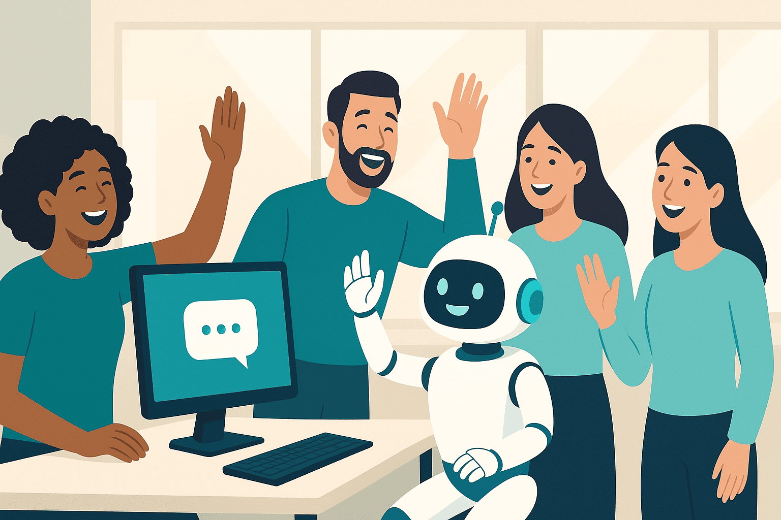 Chatbot de IA interagindo com equipe em escritório, representando automação do atendimento ao cliente e aumento da eficiência empresarial.