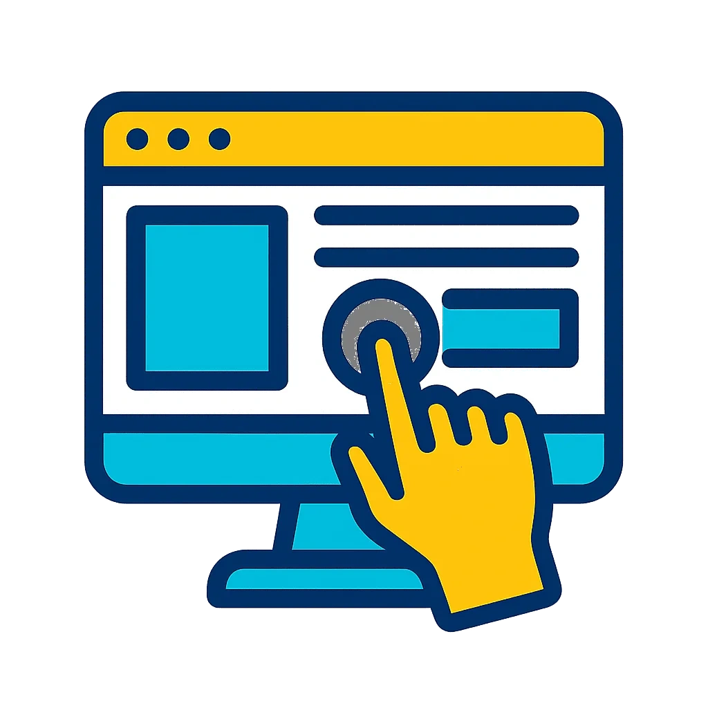 Ilustração de um monitor com página da web e mão clicando, representando interação digital, web design e experiência do usuário.