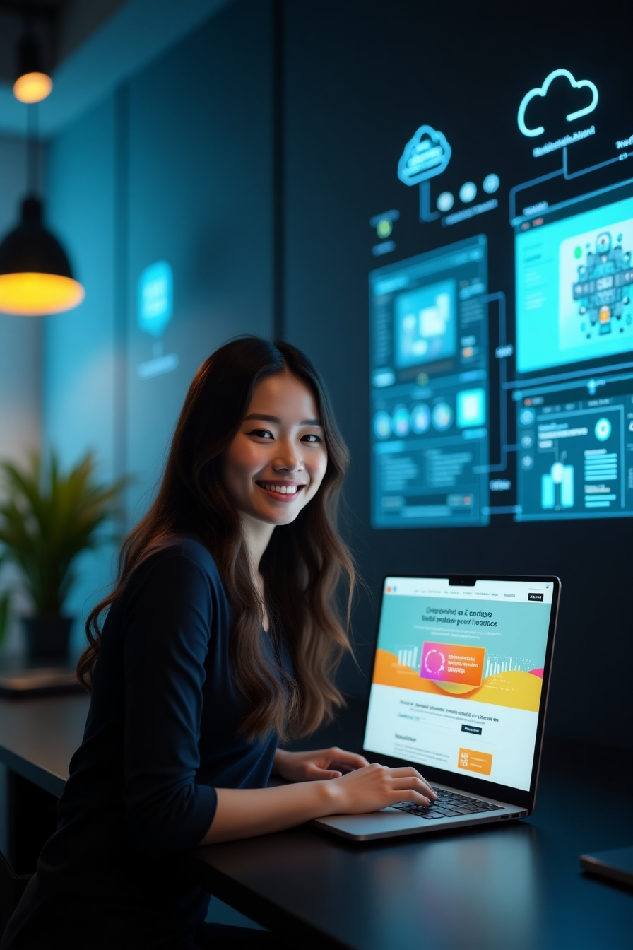 "Imagem em alta resolução de uma desenvolvedora de tecnologia sorridente, trabalhando em um laptop em um ambiente moderno com telas digitais holográficas ao fundo, representando criação de chatbots, aplicativos e soluções com inteligência artificial. Ideal para uso em artigos, apresentações, materiais educacionais, blogs de tecnologia, anúncios de serviços de TI e conteúdos sobre transformação digital.