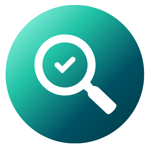 Ícone de lupa com marca de verificação simbolizando diagnóstico gratuito e análise completa de processos para identificar melhorias e automação. Green magnifying glass icon with check symbolizing digital diagnosis, SEO audit, and online strategy validation.