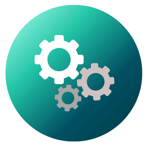 Ícone de três engrenagens brancas representando integração de sistemas, automação de processos e estratégias personalizadas para aumentar a eficiência. Circular icon with gears symbolizing digital strategy, planning, and process optimization.