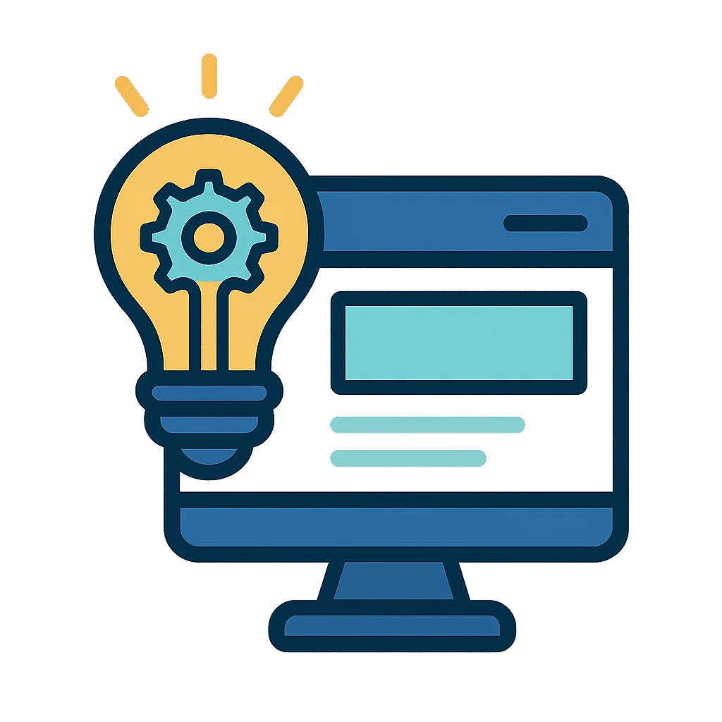 Ícone de lâmpada com engrenagem ao lado de tela de computador representando ideias inovadoras em desenvolvimento de sites da Meli Digital.