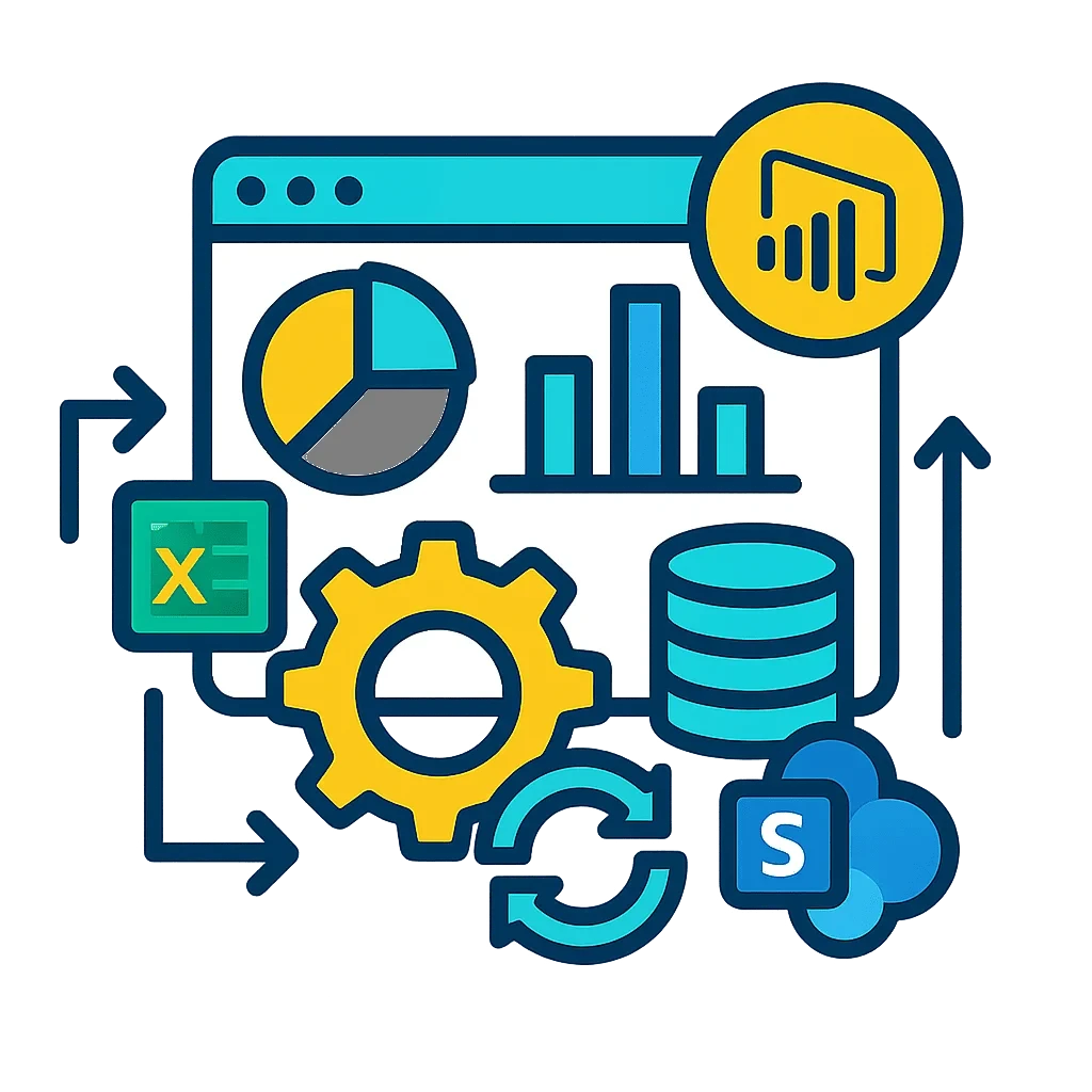 Ícone ilustrativo da integração entre Site com Excel, Power BI, SharePoint e banco de dados, representando automação de processos, relatórios dinâmicos e dashboards corporativos.
