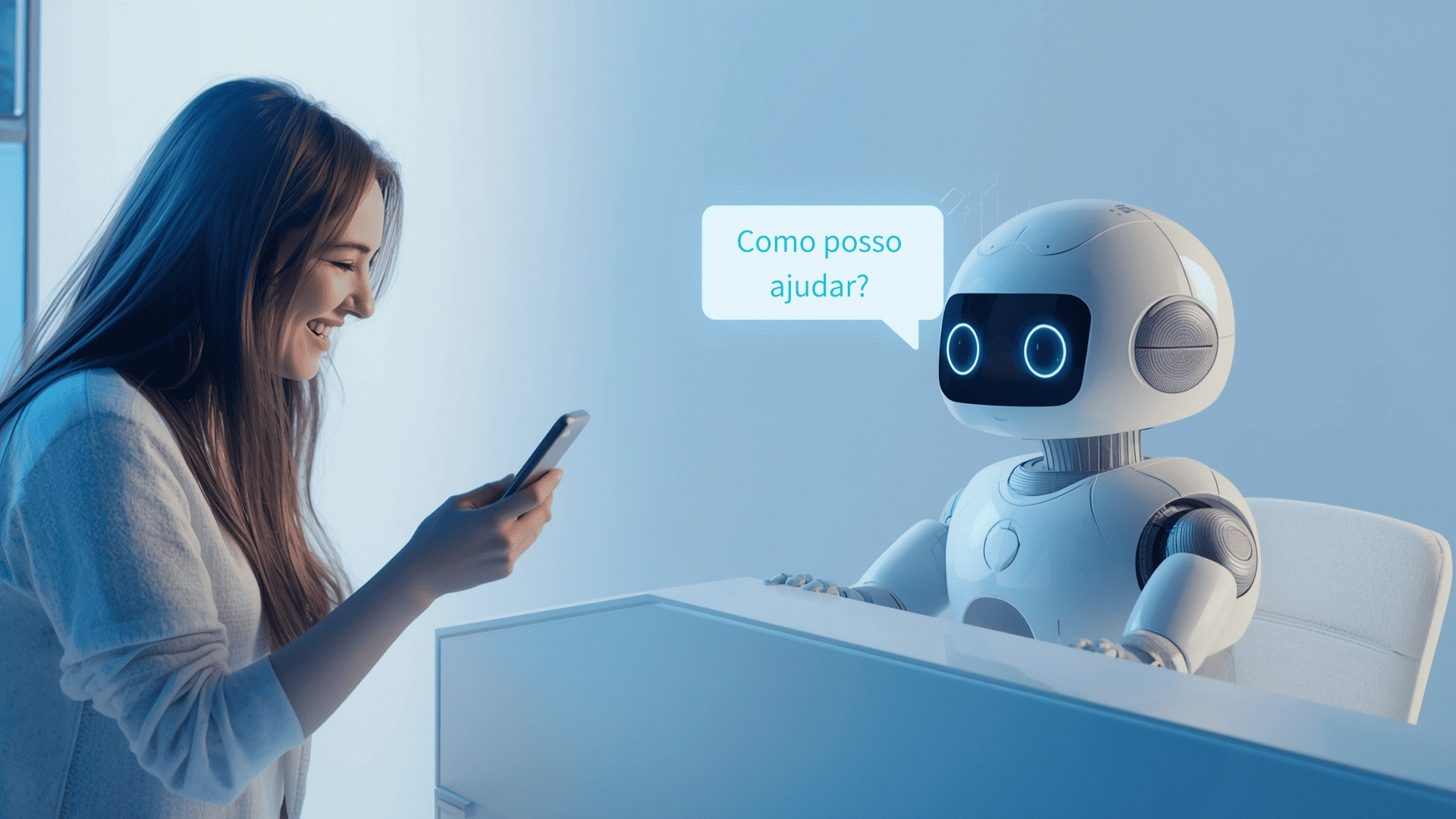 Mulher sorridente interagindo com um robô simpático de atendimento digital em formato de chatbot.