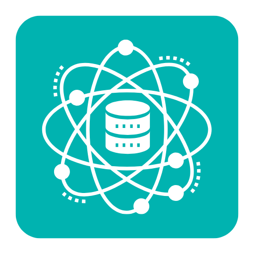 Ícone de ciência de dados com banco de dados central e conexões atômicas representando análise avançada, IA e big data.