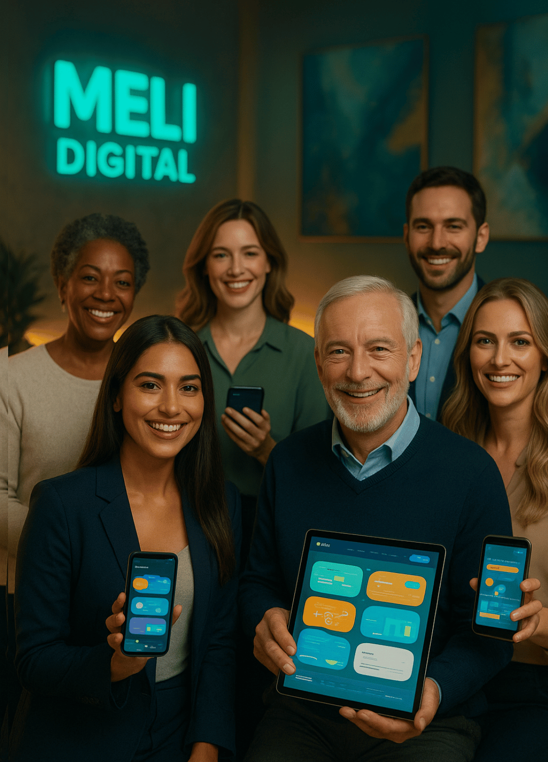 Clientes satisfeitos da Meli Digital sorrindo e utilizando smartphones e tablets em ambiente moderno, representando confiança, inovação e resultados.
