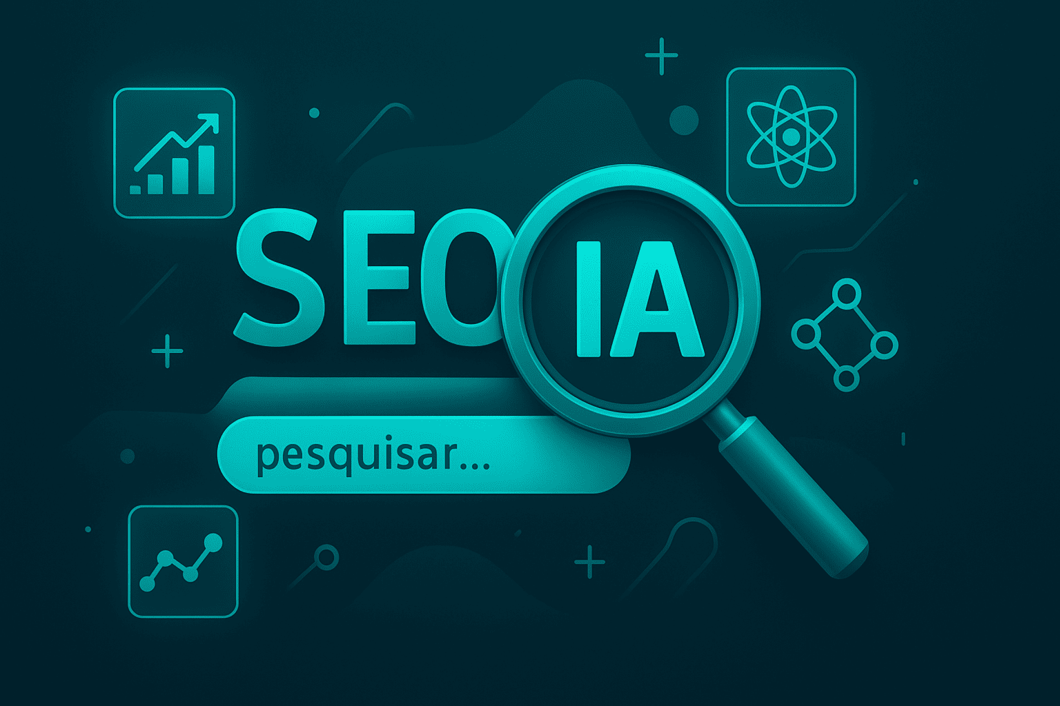 Arte futurista com a expressão ‘SEO IA’, lupa destacando IA, barra de pesquisa ‘pesquisar…’ e ícones de dados e crescimento; conceito de otimização para Google e indexação por IAs.