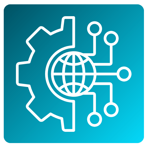 Ícone azul com engrenagem, globo e conexões digitais simbolizando automação de dados e transformação digital. Blue icon with gear, globe, and digital connections symbolizing data automation and digital transformation.