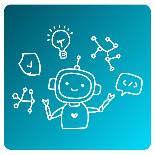 Ícone azul com desenho de robô e elementos tecnológicos representando inteligência artificial e automação inteligente. Blue icon with robot illustration and tech elements representing artificial intelligence and smart automation.