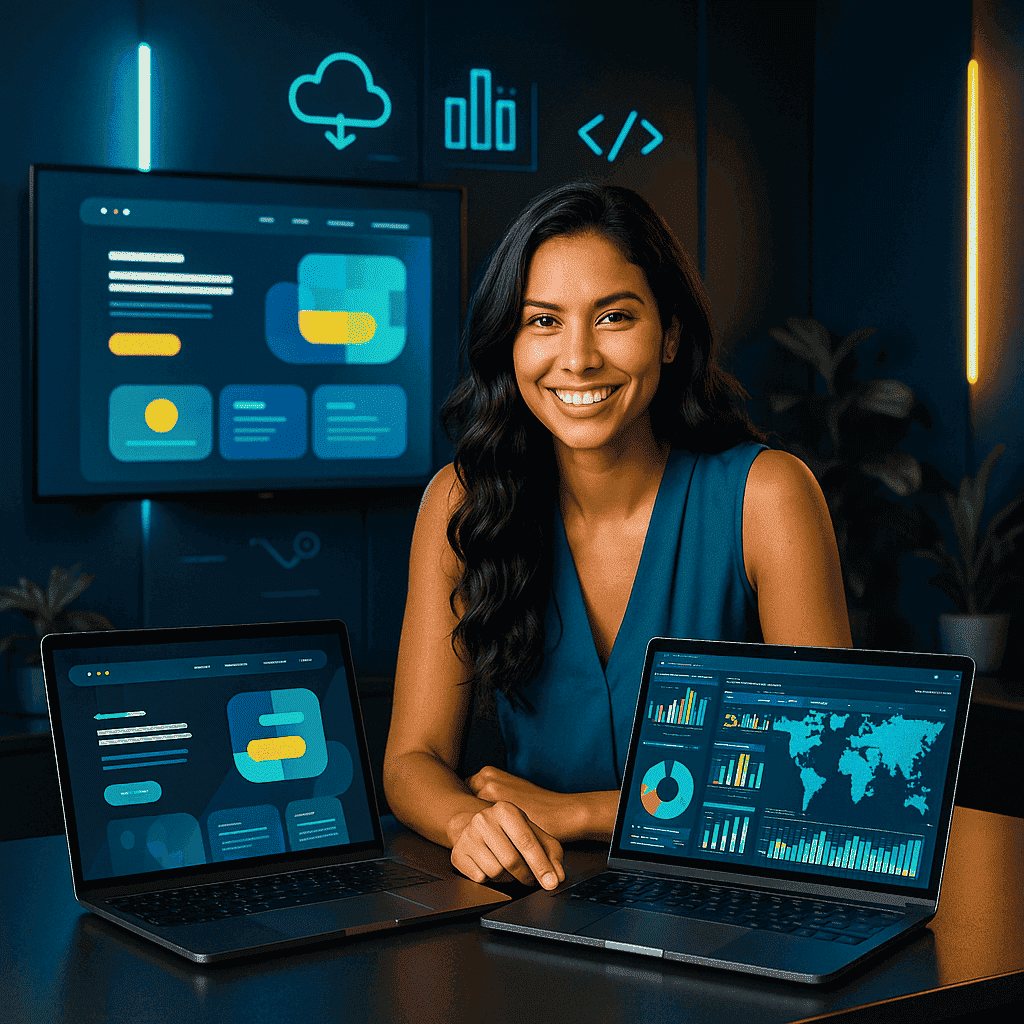 Profissional de marketing digital com dashboards de SEO, IA e análise de dados. Digital marketing professional with SEO, AI, and data analytics dashboards.