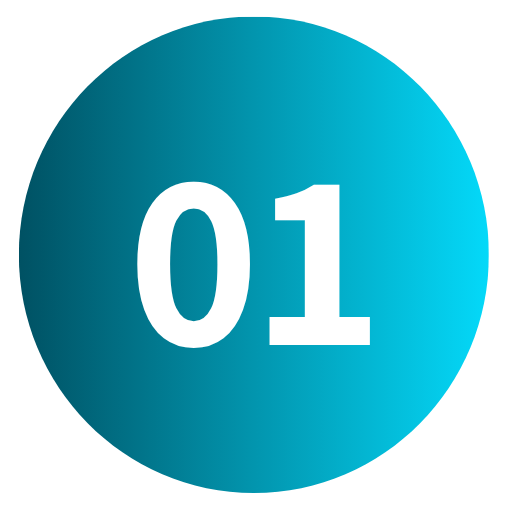 Ícone azul com número 01 representando a primeira etapa de um processo digital. Blue icon with number 01 representing the first stage of a digital process.