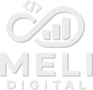Logotipo vertical branco da Meli Digital com símbolo infinito, gráfico de barras e ícone de código, representando web design, dashboards e automação de dados. White vertical Meli Digital logo with infinity symbol, bar chart and code icon, representing web design, dashboards and data automation.