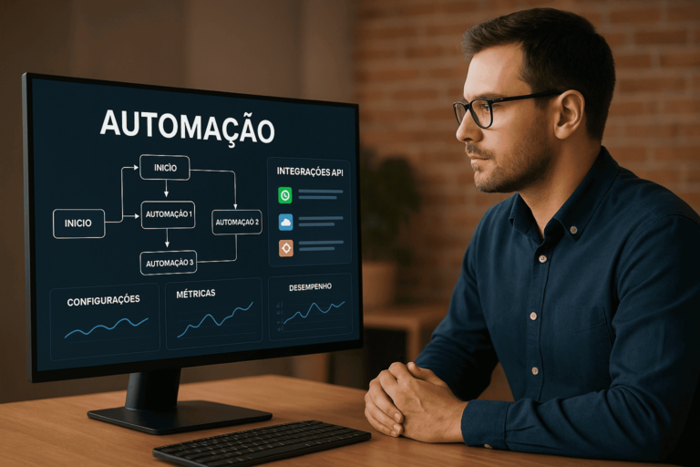 Automação Sem Complicação - Profissional analisando um fluxo de automação em um monitor com integrações via API, métricas e desempenho, representando automação sem complicação para empresas. Professional analyzing an automation workflow on a monitor with API integrations, metrics and performance, representing simple and efficient business automation.