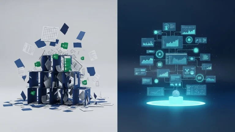 Imagem conceitual que representa a transição entre uma operação frágil, dependente de planilhas, e uma estrutura digital integrada, automatizada e orientada por dados, evidenciando redução de risco e ganho de previsibilidade.
