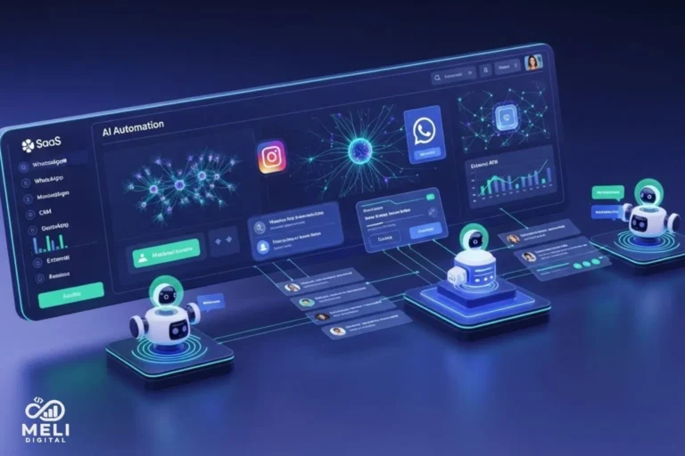 Interface de integração de sistema com IA conectando WhatsApp, Instagram e CRM em um painel inteligente de automação.