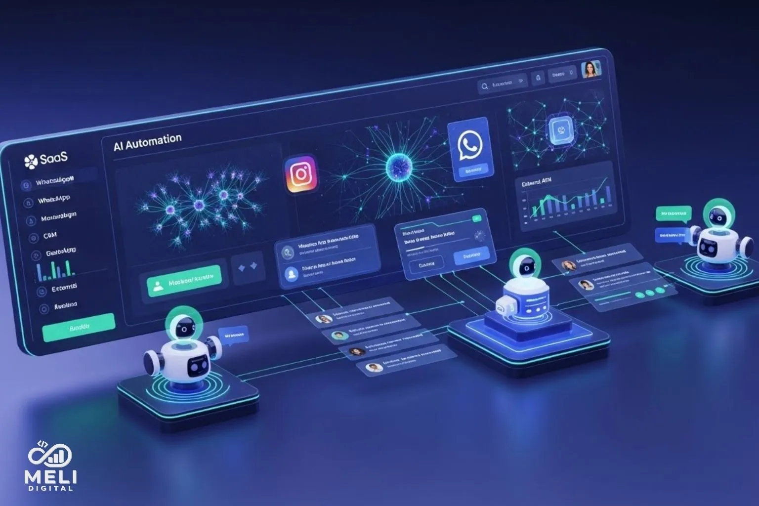 Interface de integração de sistema com IA conectando WhatsApp, Instagram e CRM em um painel inteligente de automação.
