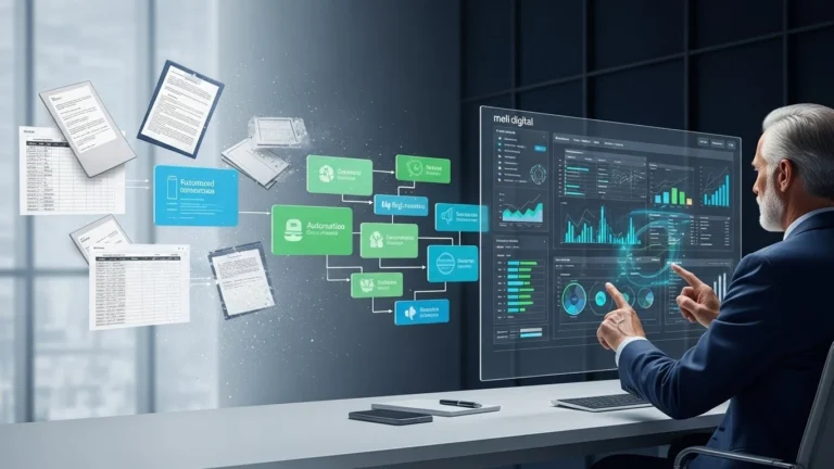 Custos dos processos manuais representados por documentos físicos sendo substituídos por automação de processos e dashboards de dados, evidenciando eficiência operacional e redução de retrabalho administrativo.