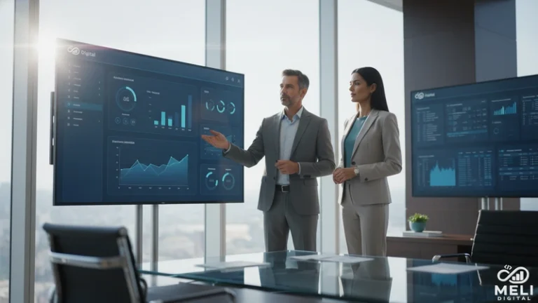 Ultra-realistic, high-resolution photographic image in 8K, cinematic corporate photography style. Scene set inside a sophisticated, modern executive office with large glass windows, minimalist architecture, and premium materials such as glass, brushed metal, and dark wood. It is daytime, late morning, with clear weather and soft sunlight entering from behind the subjects, creating natural backlighting and subtle lens flare. Volumetric lighting fills the room, producing depth, soft shadows, and a refined professional atmosphere. In the foreground, three real people — a CEO, a CFO, and a data strategy leader — are standing around a sleek glass desk. Their posture is confident, calm, and focused. They are not posing for the camera; they are naturally engaged in decision-making. One executive gestures toward a large wall-mounted screen displaying a clean, decision-oriented dashboard with financial indicators, trends, and predictive insights. The dashboard is minimal, readable, and clearly structured, avoiding clutter or excessive metrics. The people wear elegant business attire in neutral tones, with subtle accents matching Meli Digital brand colors. Facial expressions convey clarity, confidence, and control — no stress, no confusion. Skin tones are natural, proportions realistic, textures highly detailed. In the background, slightly out of focus, secondary screens show fragmented spreadsheets and chaotic data visuals, symbolizing past uncertainty and decentralized information. The contrast between clarity in the foreground and noise in the background is intentional and visually clear. Color palette strictly aligned with Meli Digital branding: deep blues, graphite gray, charcoal black, soft teal highlights, and clean white elements, reinforcing trust, intelligence, governance, and technological maturity. Atmosphere is clean, bright, and professional, with a sense of predictability, order, and strategic control. The image should visually communicate data as a financial asset, governance, executive decision-making, predictability, and reduction of uncertainty. Lighting: clear daylight backlight, volumetric light rays, soft reflections on glass surfaces, balanced exposure, no harsh shadows. Focus: sharp focus on executives and primary dashboard, shallow depth of field for background elements. Style: photorealistic, cinematic corporate photography, natural textures, realistic lighting, no illustration, no CGI look, no futuristic sci-fi aesthetics. Place the Meli Digital logo in the bottom-right corner of the image, clean and discreet, approximately 1 cm from the edge, preserving visual balance and brand authority. Keywords: ultra-detailed, sharp focus, volumetric lighting, natural daylight, cinematic realism, corporate executive environment, financial decision-making, data-driven clarity